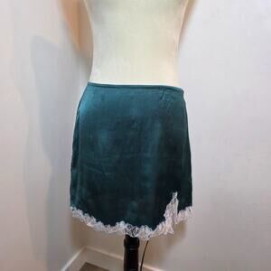 Urban Outifitters Teal Satin Slip Skirt Medium Lace Trim Fairy Coquette Dainty